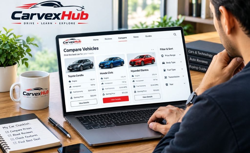 person reading new car reviews online